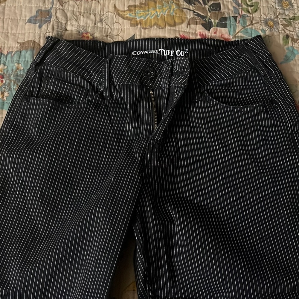 Cowgirl Tuff Co black pinstripe trousers 28x37 worn 2x
